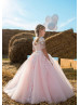 Off Shoulder Lace Tulle Corset Back Floor Length Flower Girl Dress